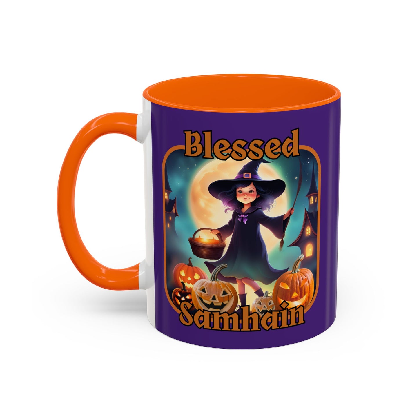 Blessed Samhain Little Witch Orange font Purple Accent Mug by CreepyCrafts.boo