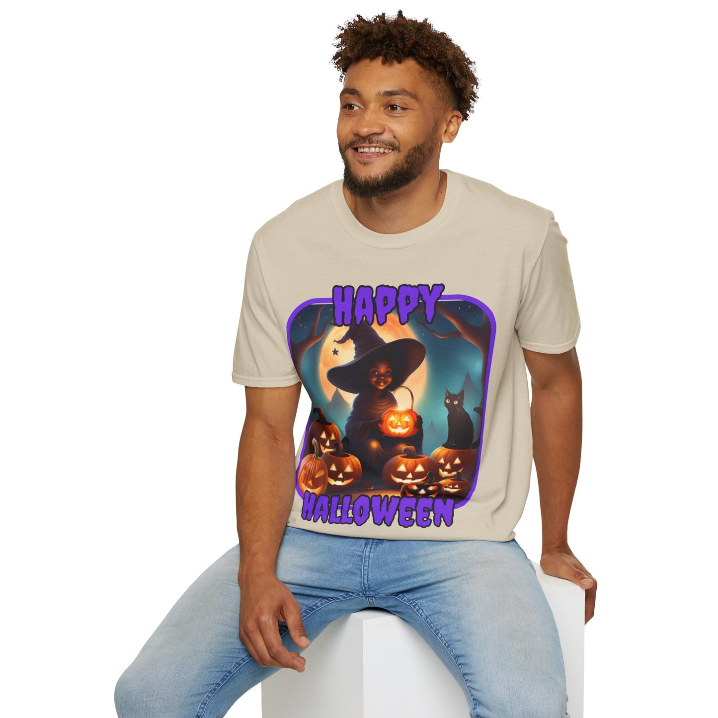 Happy Halloween Cute Witch Purple font Light colors Unisex T-Shirt by CreepyCrafts.boo