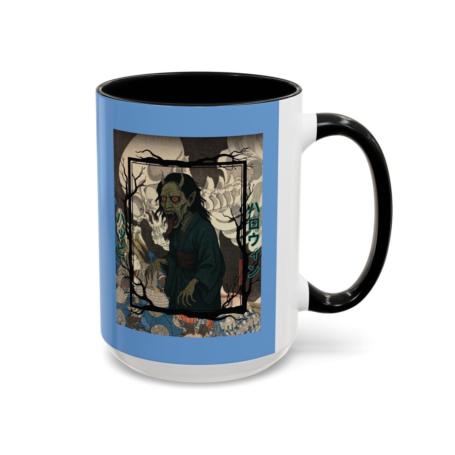 Yōkai Happy Halloween Light Blue Accent Mug by CreepyCrafts.boo