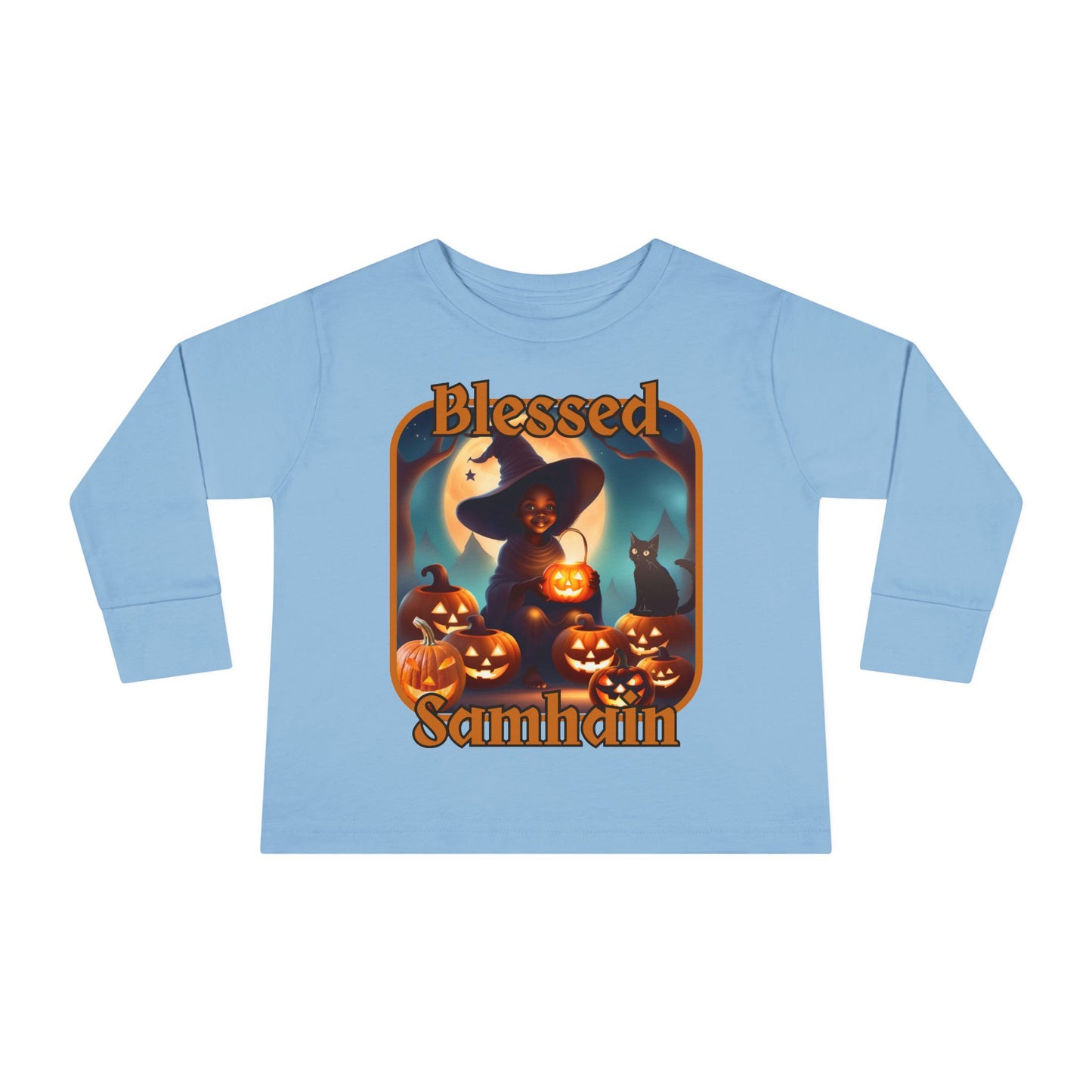 Blessed Samhain Cute Witch Orange font Toddler Long Sleeve Tee by CreepyCrafts.boo