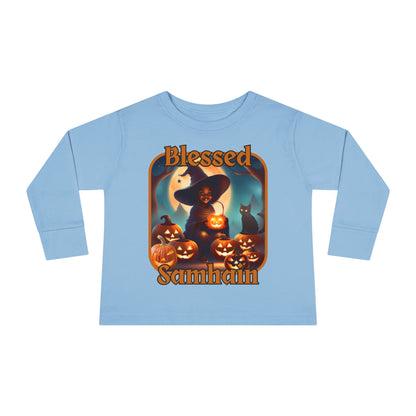 Blessed Samhain Cute Witch Orange font Toddler Long Sleeve Tee by CreepyCrafts.boo