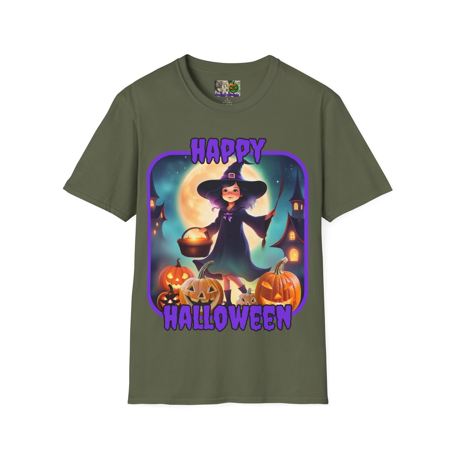 Happy Halloween Little Witch Purple font, Dark colors, Unisex T-Shirt by CreepyCrafts.boo