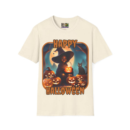 Happy Halloween Cute Witch Orange font, Light colors, Unisex T-Shirt by CreepyCrafts.boo