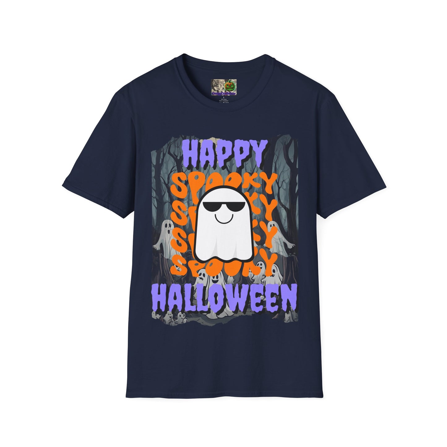 Spooky Happy Halloween Ghost Dark colors Purple font Unisex T-Shirt by CreepyCrafts.boo