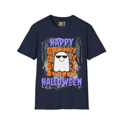 Spooky Happy Halloween Ghost Dark colors Purple font Unisex T-Shirt by CreepyCrafts.boo