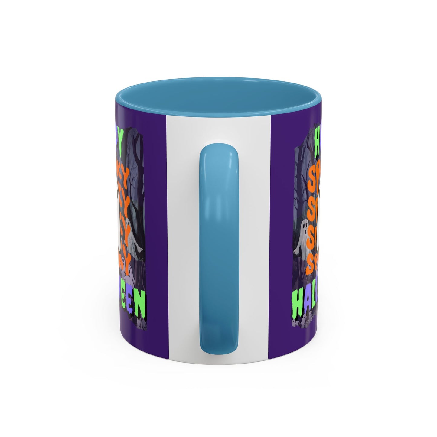 Spooky Happy Halloween Ghost Mixed font Purple Accent Mug by CreepyCrafts.boo