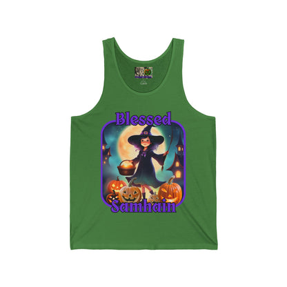 Blessed Samhain Little Witch Purple font Unisex Jersey Tank Top by CreepyCrafts.boo
