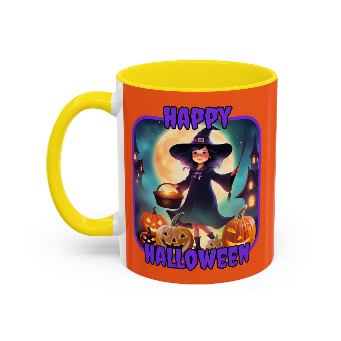 Happy Halloween Little Witch Purple font Orange Accent Mug by CreepyCrafts.boo