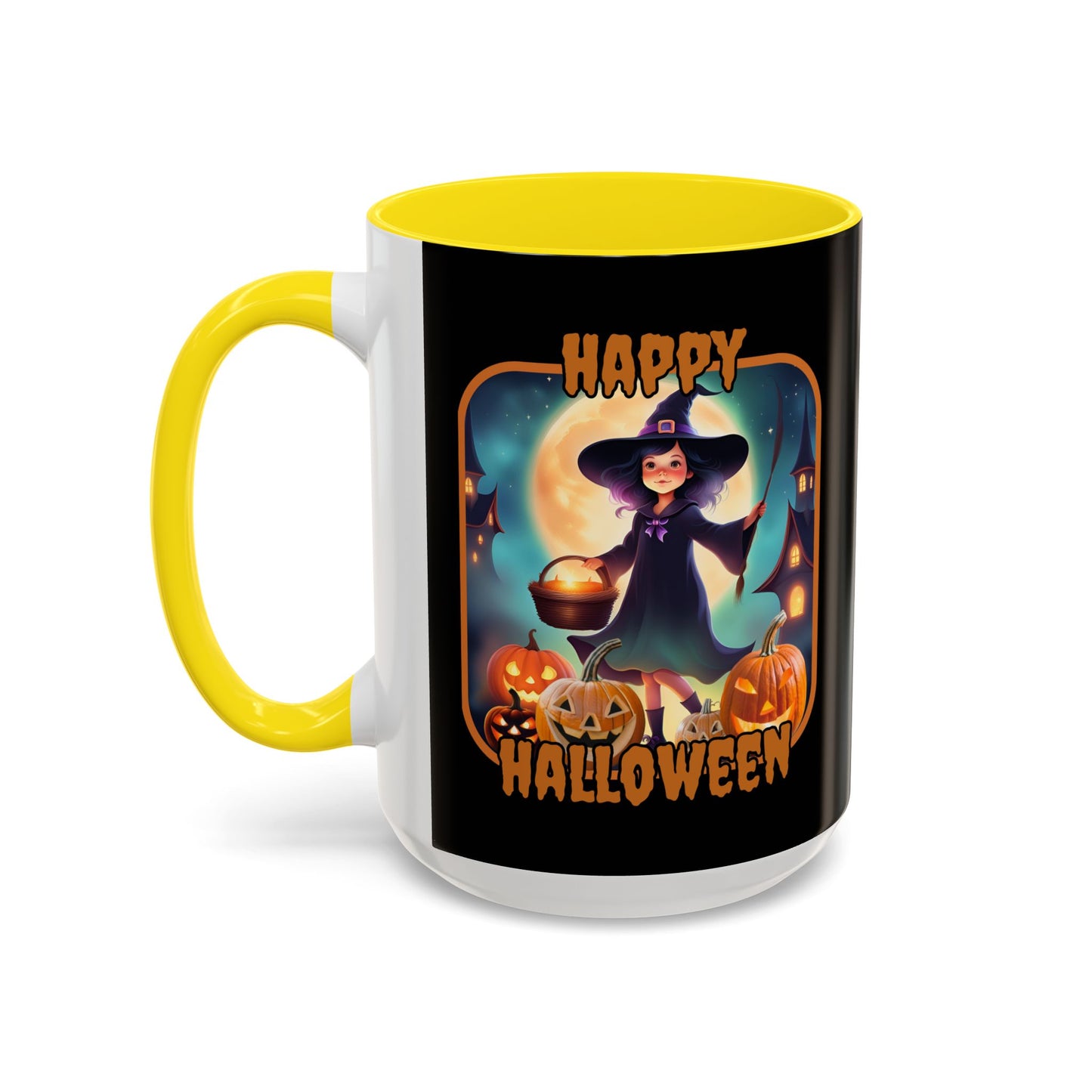 Happy Halloween Little Witch Orange font Black Accent Mug by CreepyCrafts.boo