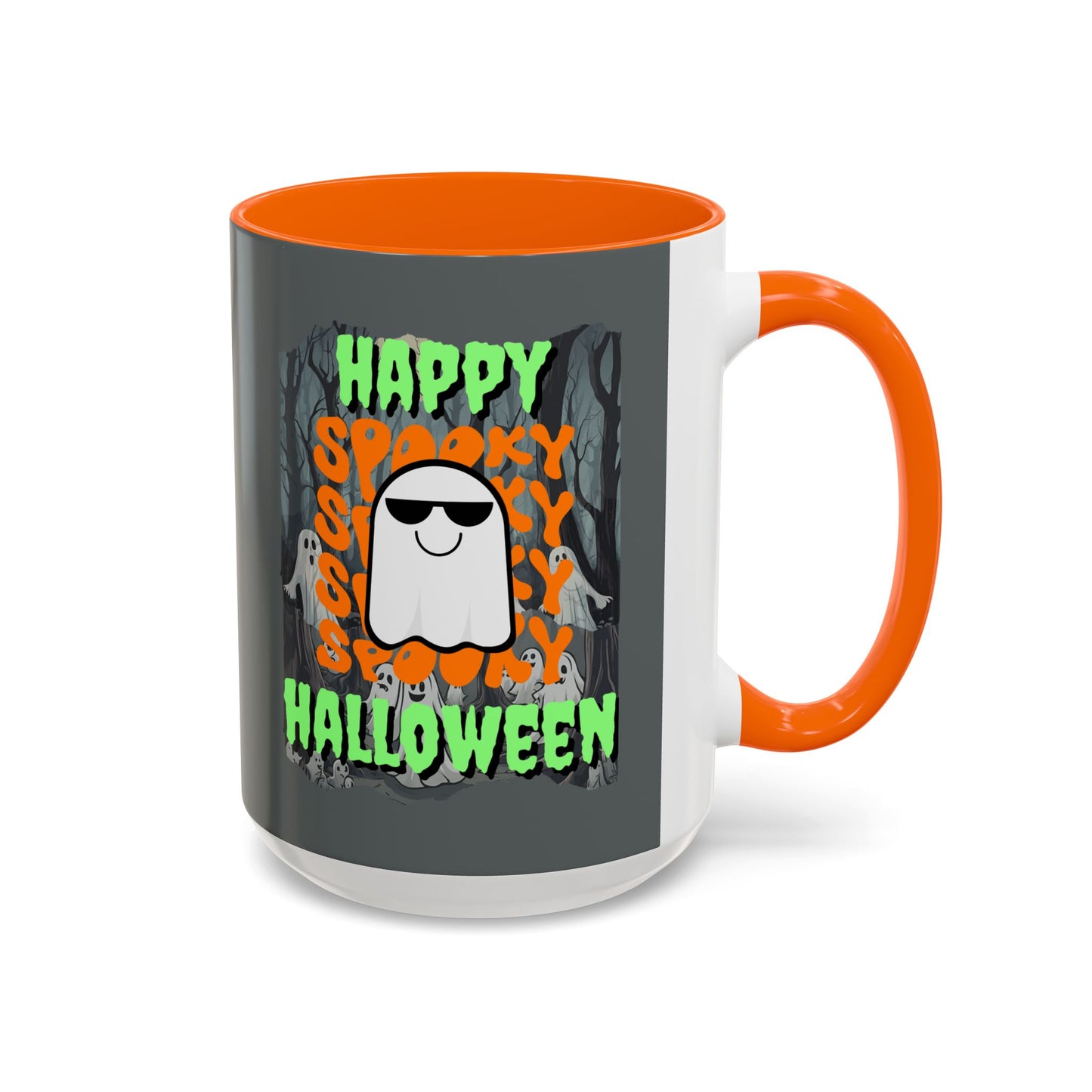 Spooky Happy Halloween Ghost Green font Grey Accent Mug by CreepyCrafts.boo