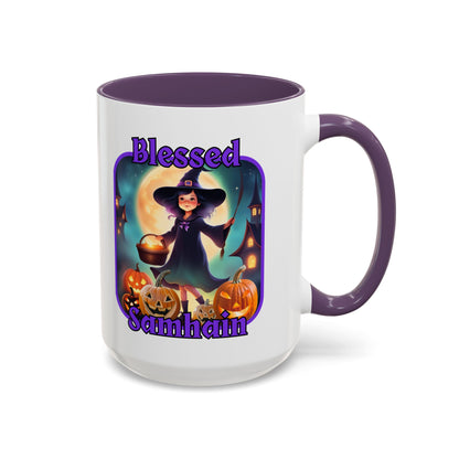 Blessed Samhain Little Witch Purple font White Accent Mug by CreepyCrafts.boo