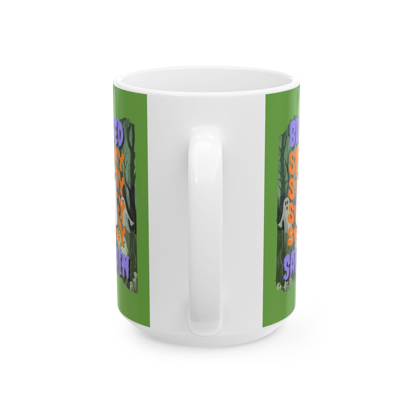Spooky Blessed Samhain Ghost Purple font Green Mug by CreepyCrafts.boo