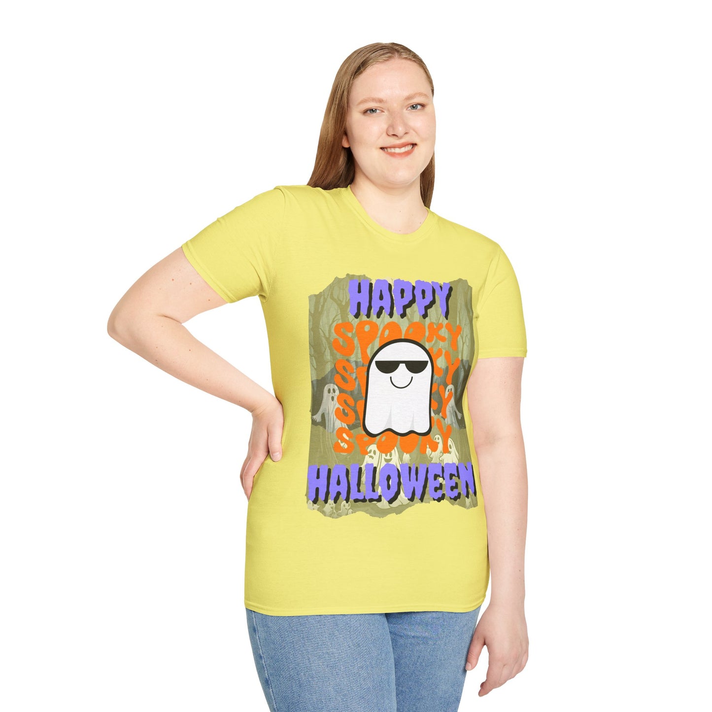 Spooky Happy Halloween Ghost Light colors Purple font Unisex T-Shirt by CreepyCrafts.boo