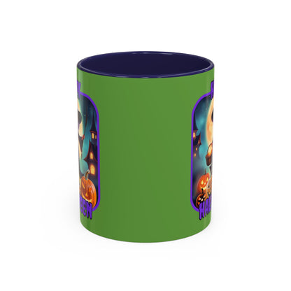 Happy Halloween Little Witch Purple font Green Accent Mug by CreepyCrafts.boo