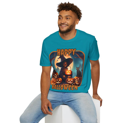 Happy Halloween Cute Witch Orange font, Dark colors, Unisex T-Shirt by CreepyCrafts.boo