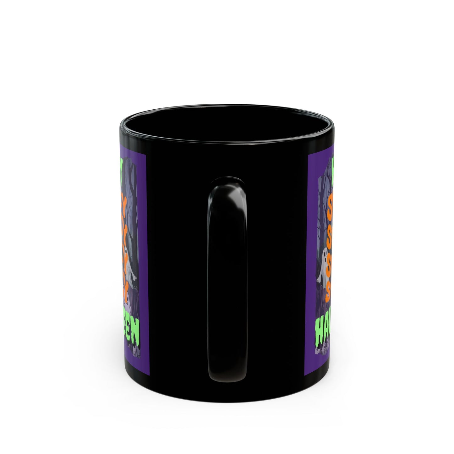 Spooky Happy Halloween Ghost Green font Purple Mug by CreepyCrafts.boo