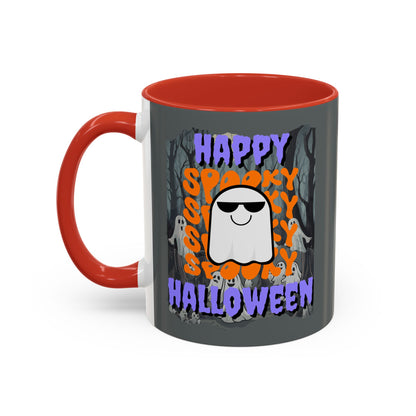Spooky Happy Halloween Ghost Purple font Grey Accent Mug by CreepyCrafts.boo