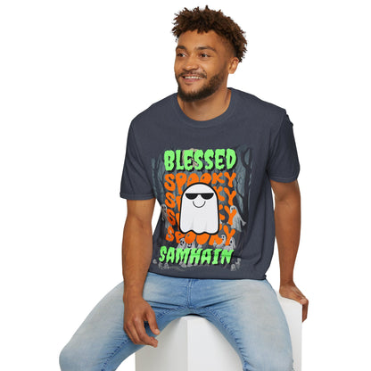 Spooky Blessed Samhain Ghost Green font Unisex T-Shirt by CreepyCrafts.boo