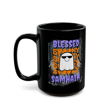 Spooky Blessed Samhain Ghost Purple font Black Mug by CreepyCrafts.boo