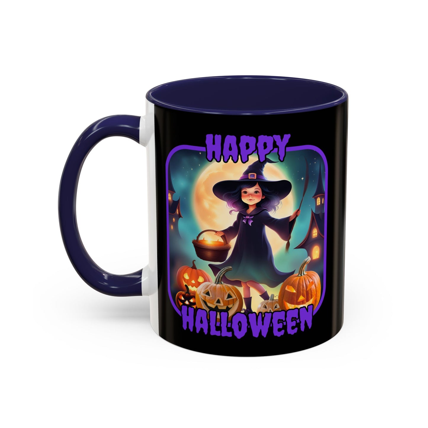 Happy Halloween Little Witch Purple font Black Accent Mug by CreepyCrafts.boo