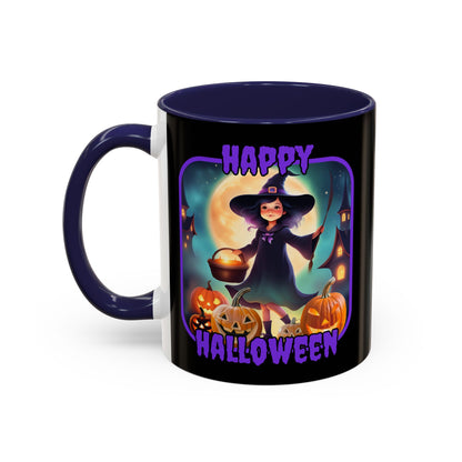 Happy Halloween Little Witch Purple font Black Accent Mug by CreepyCrafts.boo