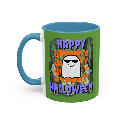 Spooky Happy Halloween Ghost Purple font Green Accent Mug by CreepyCrafts.boo