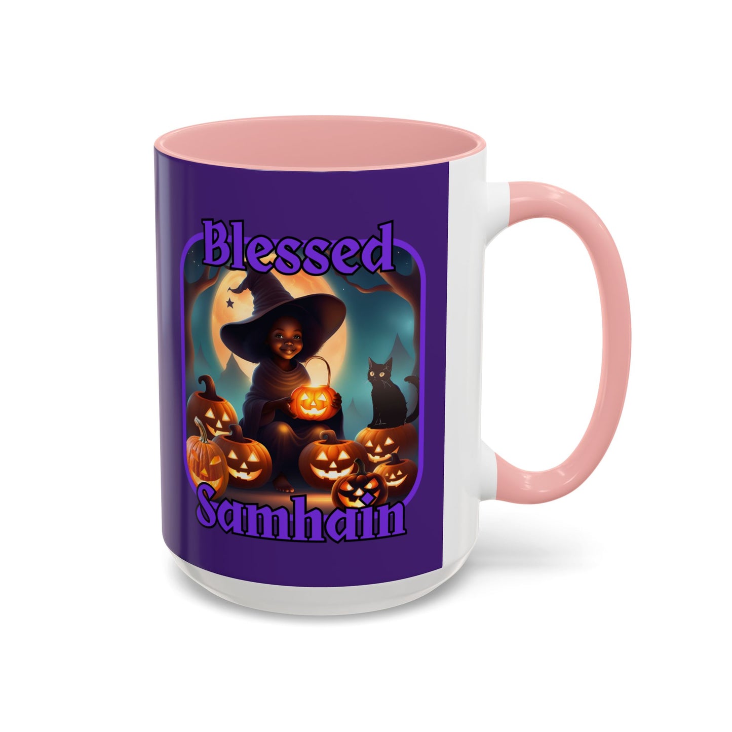 Blessed Samhain Cute Witch Purple font Purple Accent Mug by CreepyCrafts.boo