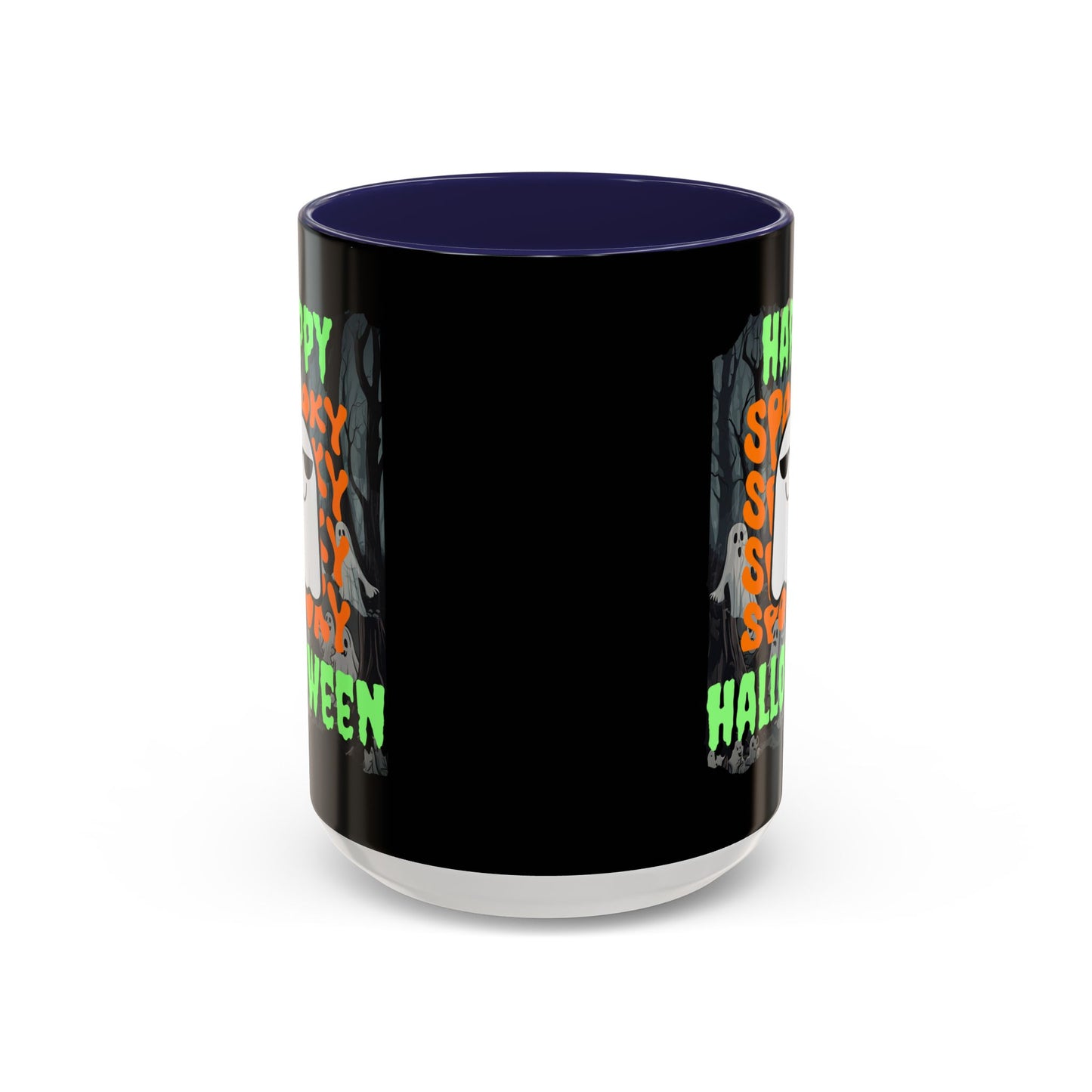 Spooky Happy Halloween Ghost Green font Black Accent Mug by CreepyCrafts.boo