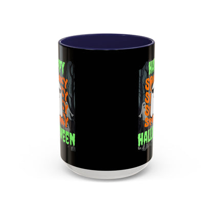 Spooky Happy Halloween Ghost Green font Black Accent Mug by CreepyCrafts.boo