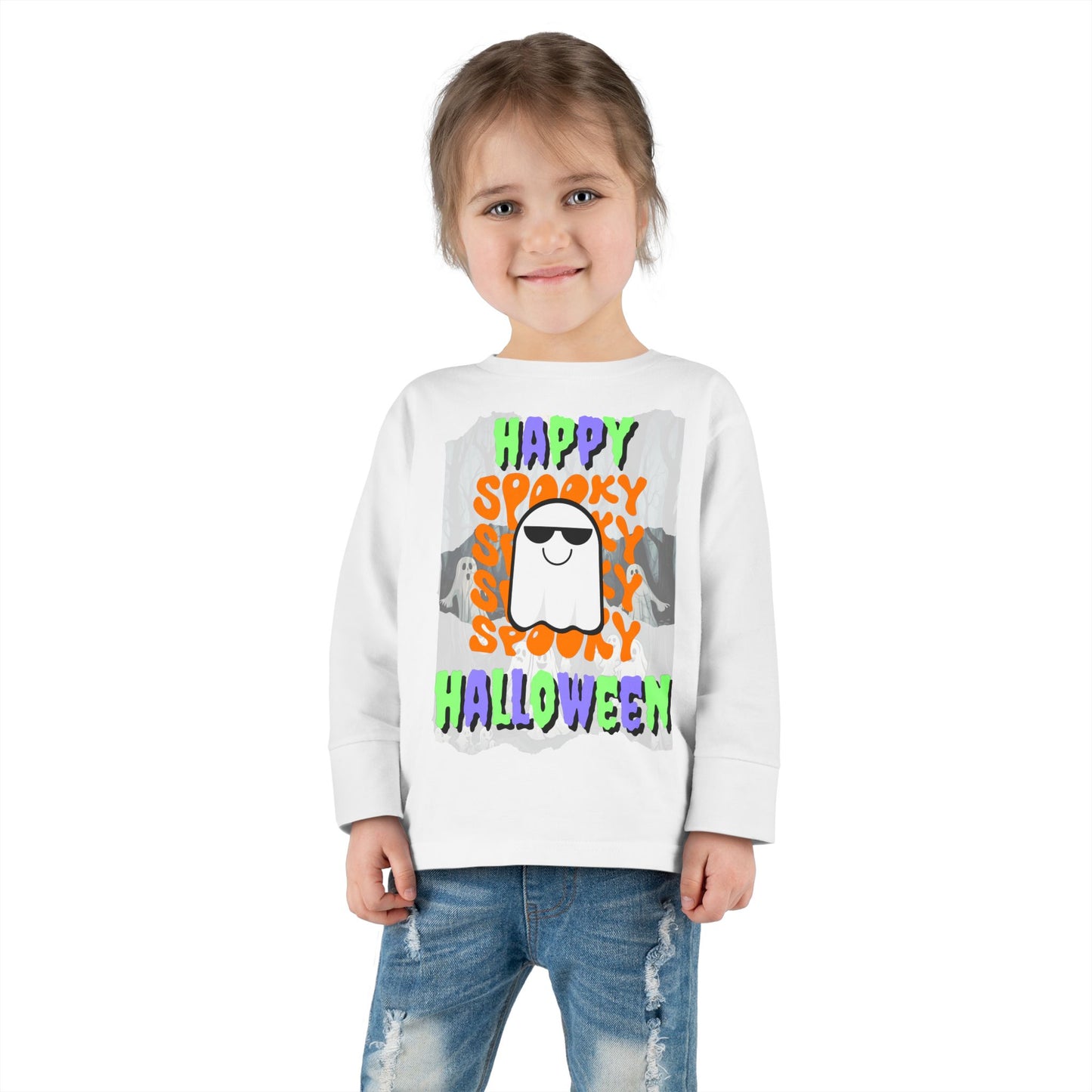 Spooky Happy Halloween Ghost Mixed font Toddler Long Sleeve Tee by CreepyCrafts.boo