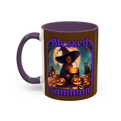 Blessed Samhain Cute Witch Purple font Brown Accent Mug by CreepyCrafts.boo