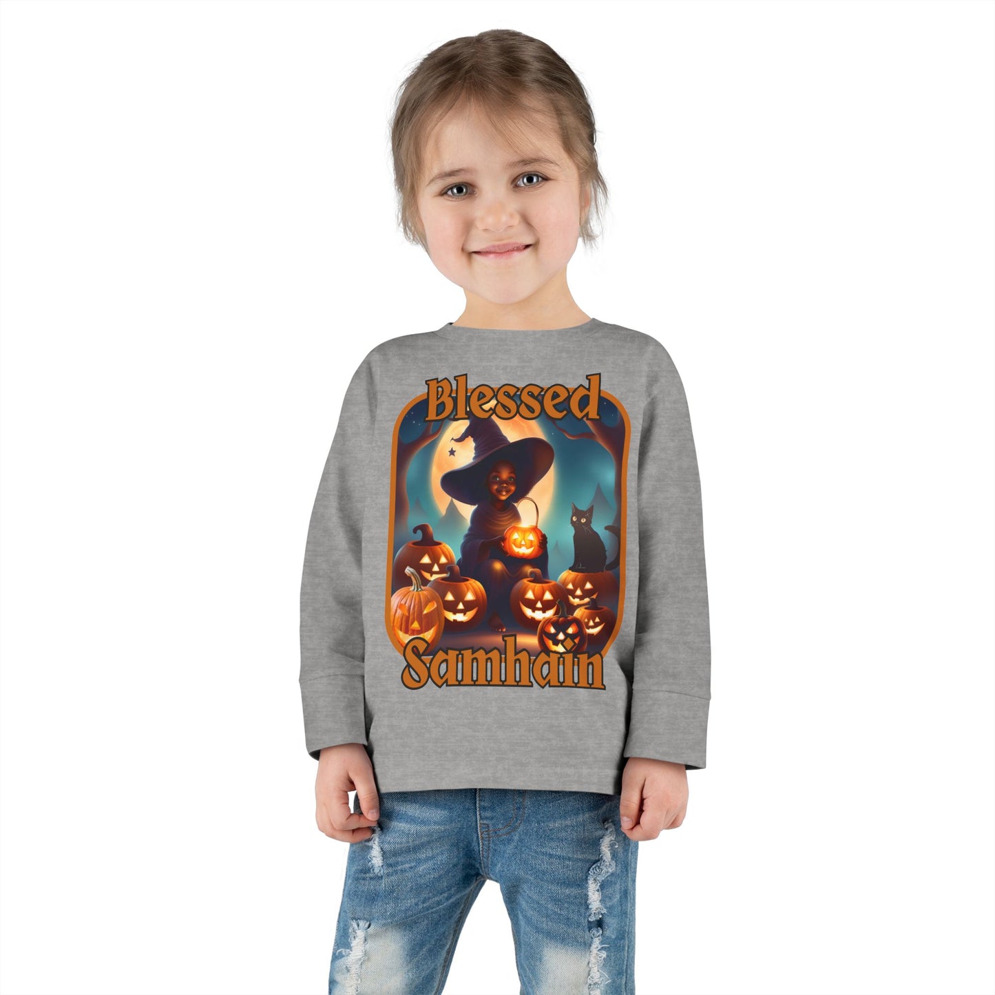 Blessed Samhain Cute Witch Orange font Toddler Long Sleeve Tee by CreepyCrafts.boo