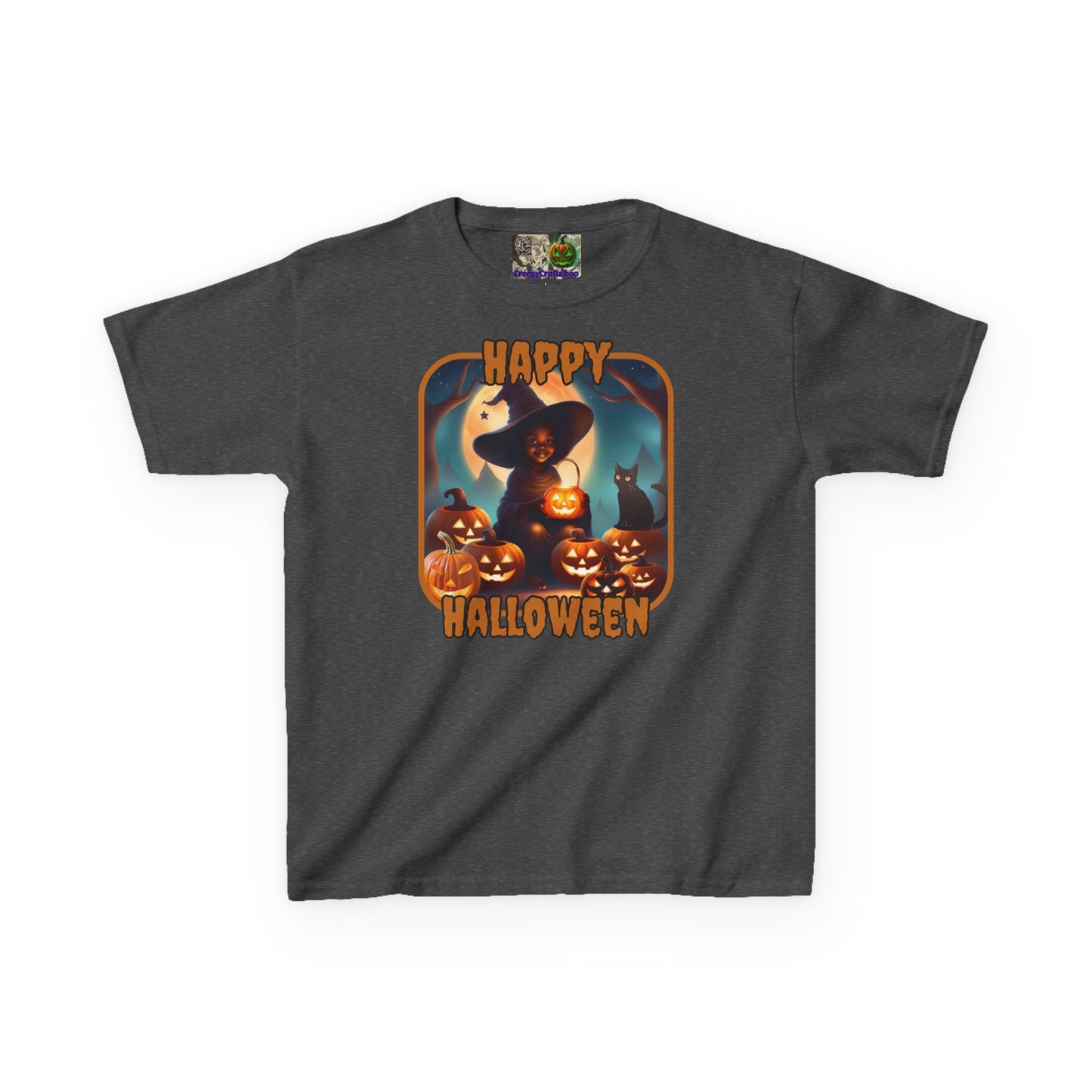 Happy Halloween Cute Witch Orange font Kids Heavy Cotton™ Tee by CreepyCrafts.boo