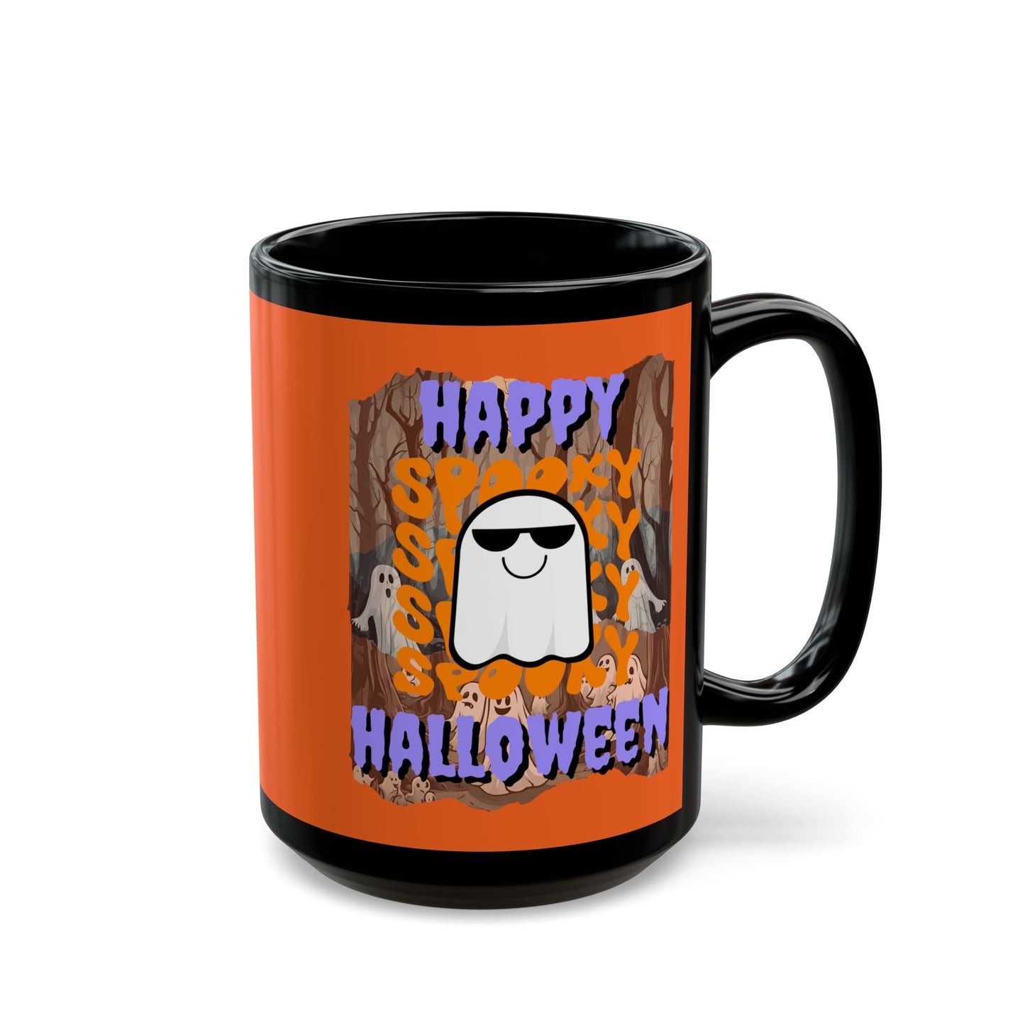 Spooky Happy Halloween Ghost Purple font Orange Mug by CreepyCrafts.boo