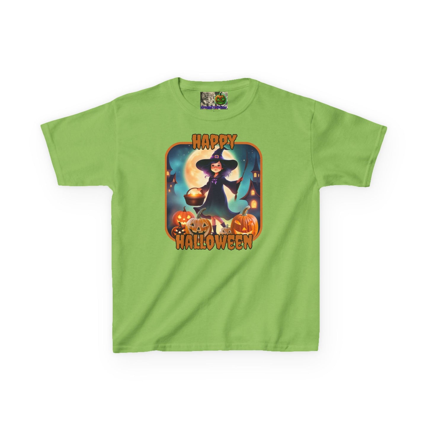 Happy Halloween Little Witch Orange font Kids Heavy Cotton™ Tee by CreepyCrafts.boo