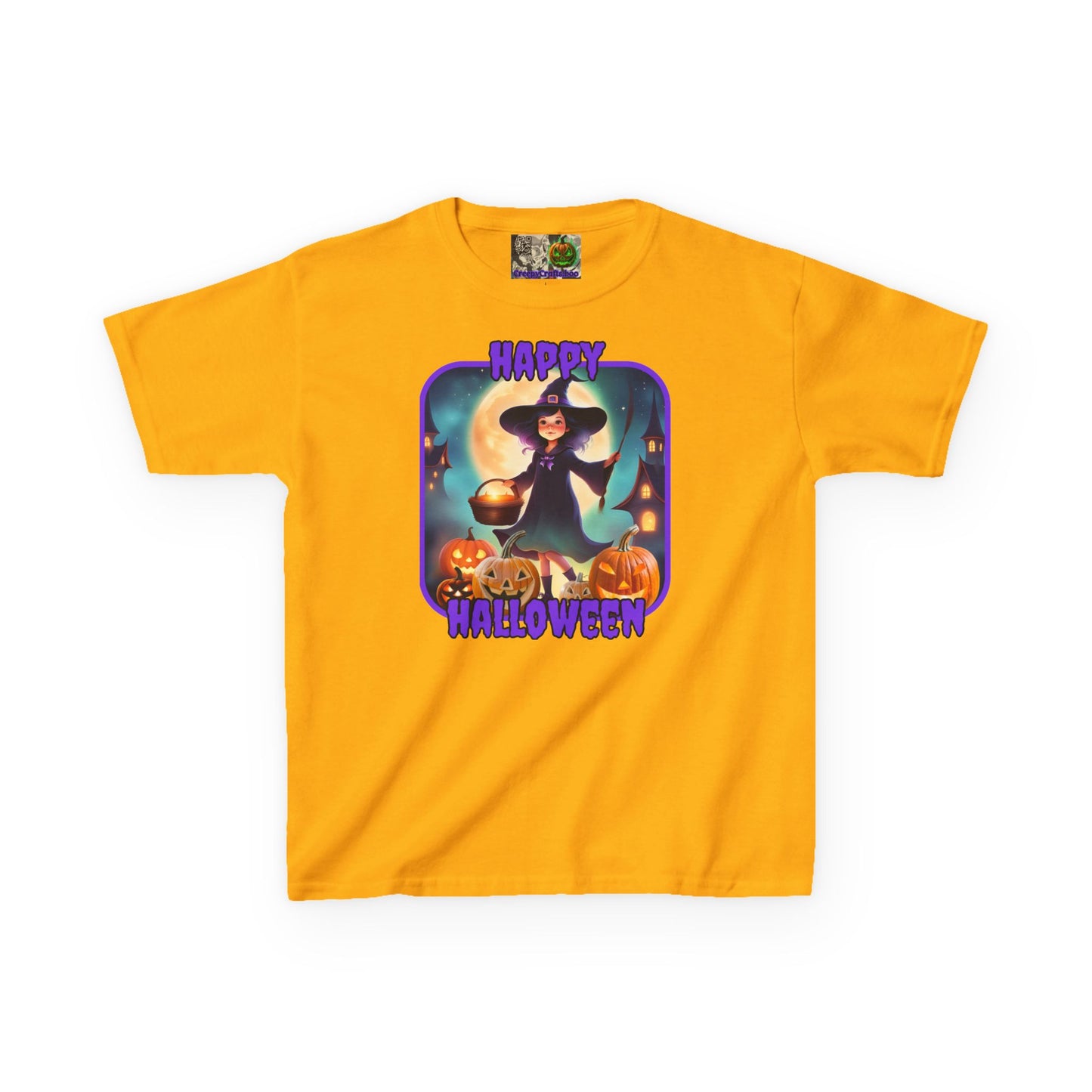Happy Halloween Little Witch Purple font Kids Heavy Cotton™ Tee by CreepyCrafts.boo