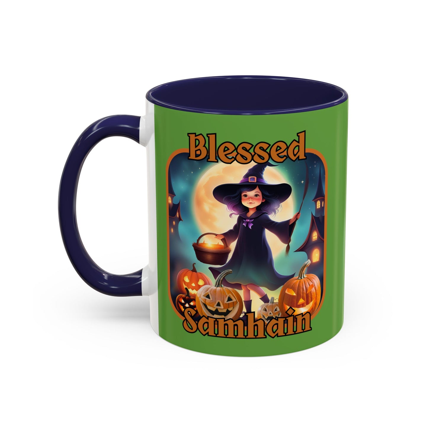 Blessed Samhain Little Witch Orange font Green Accent Mug by CreepyCrafts.boo