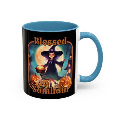 Blessed Samhain Little Witch Orange font Black Accent Mug by CreepyCrafts.boo
