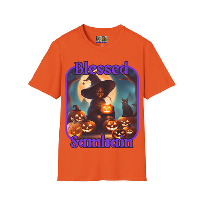 Blessed Samhain Cute Witch Purple font Light colors Unisex T-Shirt by CreepyCrafts.boo