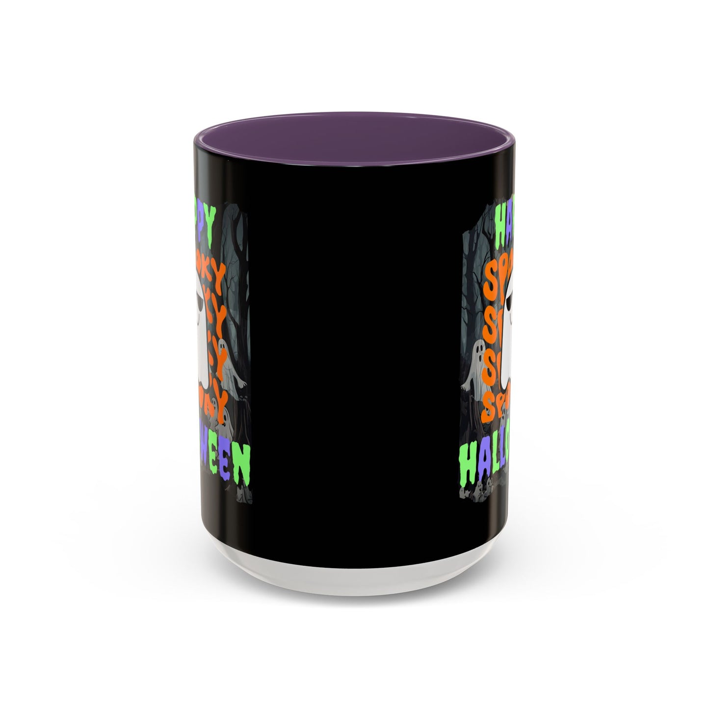 Spooky Happy Halloween Ghost Mixed font Black Accent Mug by CreepyCrafts.boo