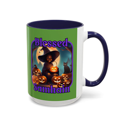Blessed Samhain Cute Witch Purple font Green Accent Mug by CreepyCrafts.boo