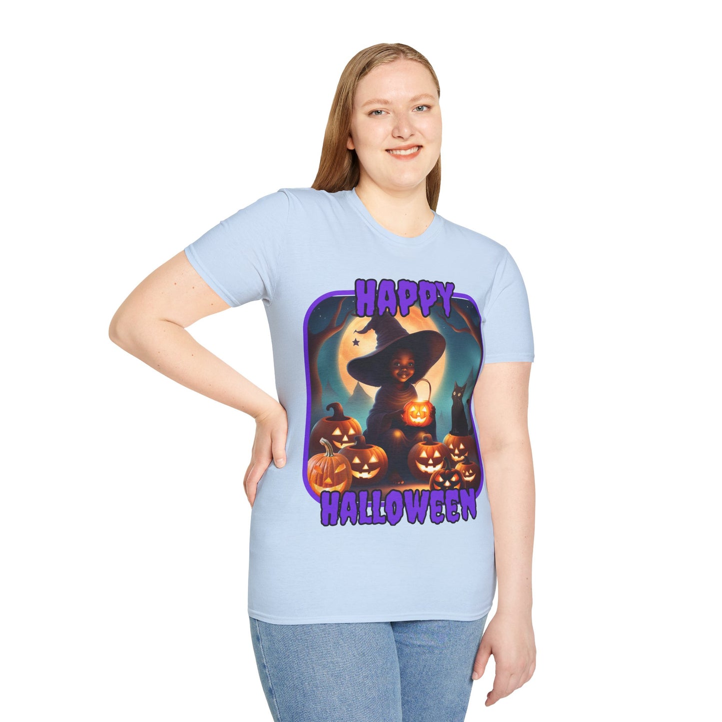 Happy Halloween Cute Witch Purple font Light colors Unisex T-Shirt by CreepyCrafts.boo