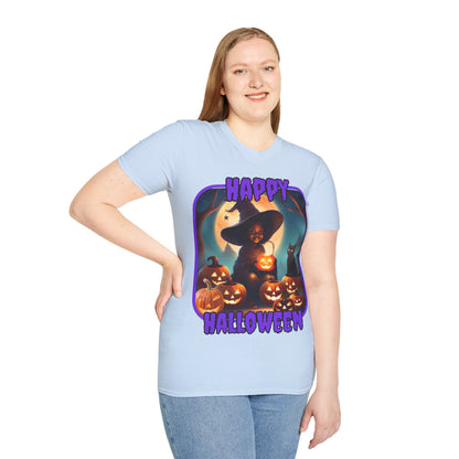 Happy Halloween Cute Witch Purple font Light colors Unisex T-Shirt by CreepyCrafts.boo
