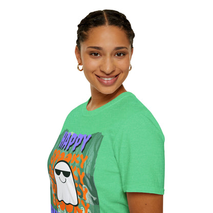 Spooky Happy Halloween Ghost Dark colors Purple font Unisex T-Shirt by CreepyCrafts.boo