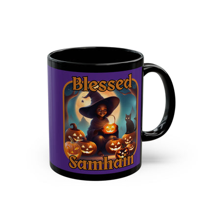 Blessed Samhain Cute Witch Orange font Purple Mug by CreepyCrafts.boo