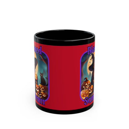 Blessed Samhain Cute Witch Purple font Red Mug by CreepyCrafts.boo