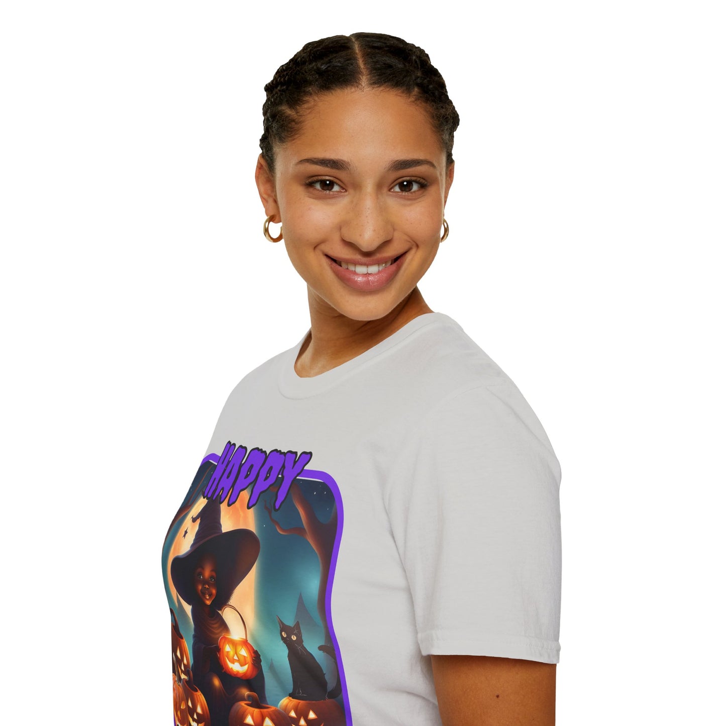 Happy Halloween Cute Witch Purple font Light colors Unisex T-Shirt by CreepyCrafts.boo