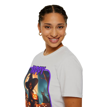 Happy Halloween Cute Witch Purple font Light colors Unisex T-Shirt by CreepyCrafts.boo