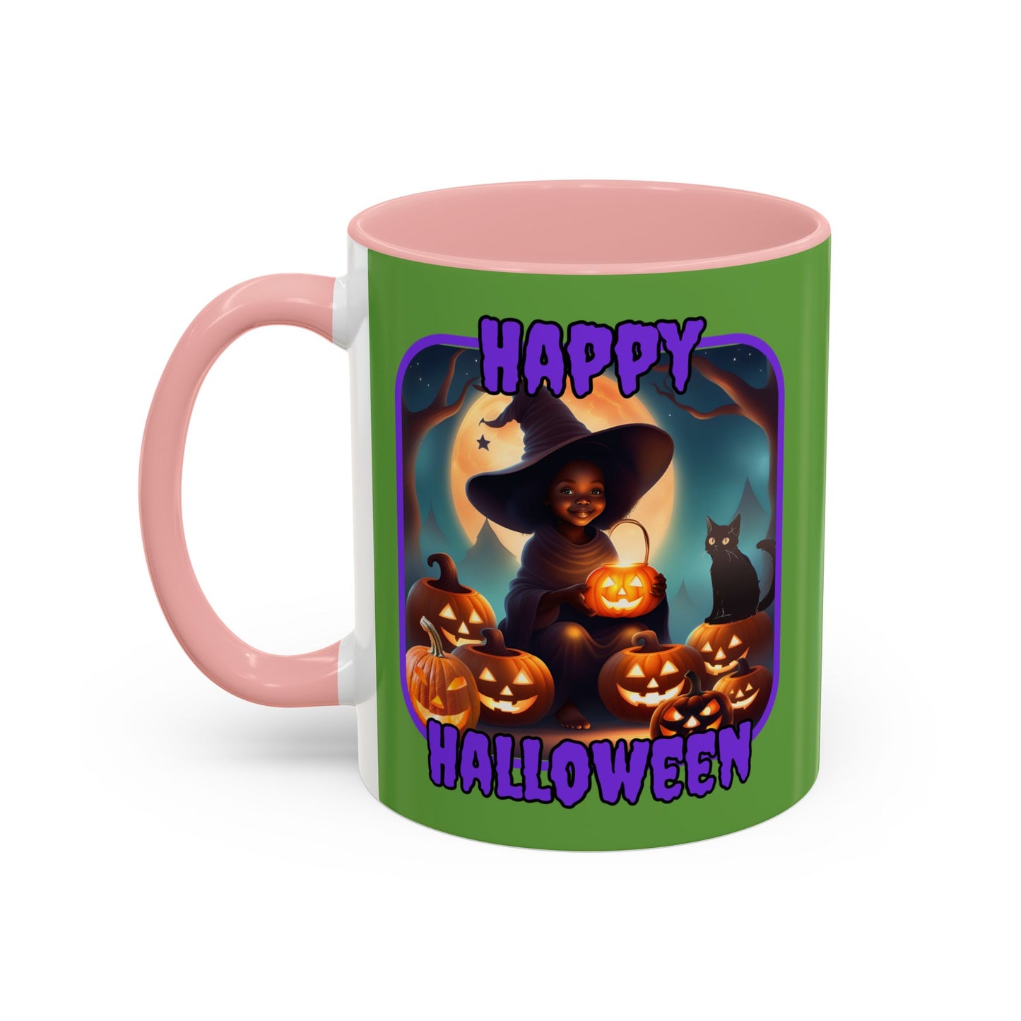 Happy Halloween Cute Witch Purple font Green Accent Mug by CreepyCrafts.boo