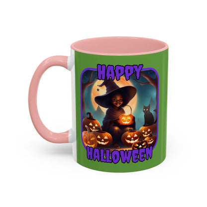 Happy Halloween Cute Witch Purple font Green Accent Mug by CreepyCrafts.boo